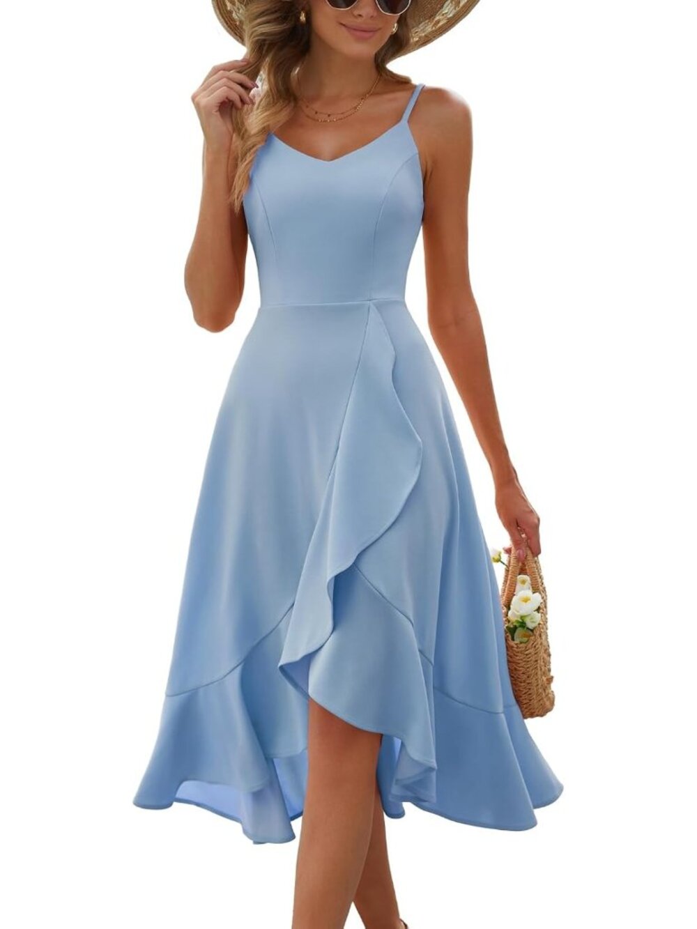 Women's Blue Spaghetti Strap Cocktail Ruffle For Formal Wedding Guest Dresses